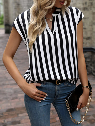 Striped Print Notched Neckline Batwing Sleeve Blouse Striped Print Notched Neckline Batwing Sleeve Blouse