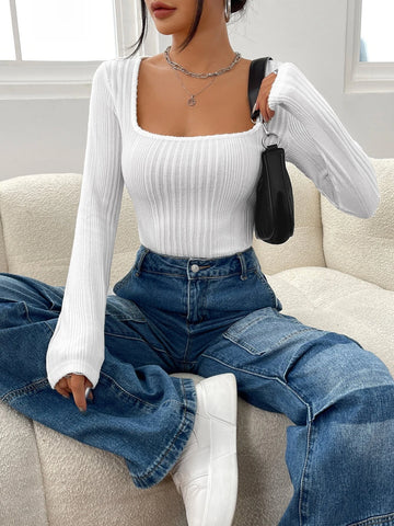 Square Neck Ribbed Knit Tee Square Neck Ribbed Knit Tee