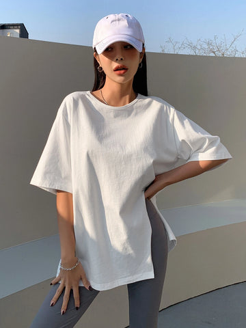 DAZY Solid Split Hem Patched Drop Shoulder Tee DAZY Solid Split Hem Patched Drop Shoulder Tee