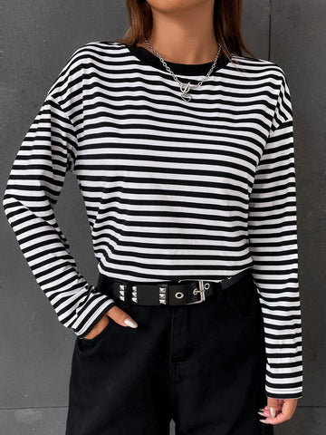 Striped Print Drop Shoulder Tee Striped Print Drop Shoulder Tee