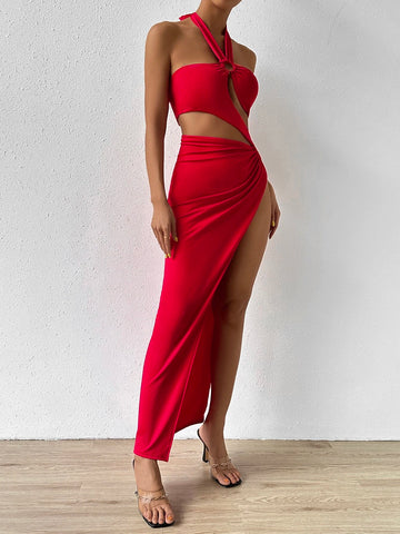 O-ring Cut Out Split Thigh Halter Dress O-ring Cut Out Split Thigh Halter Dress