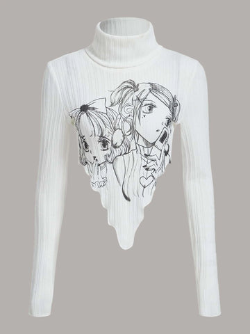 Figure Graphic High Neck Asymmetrical Hem Crop Tee Figure Graphic High Neck Asymmetrical Hem Crop Tee