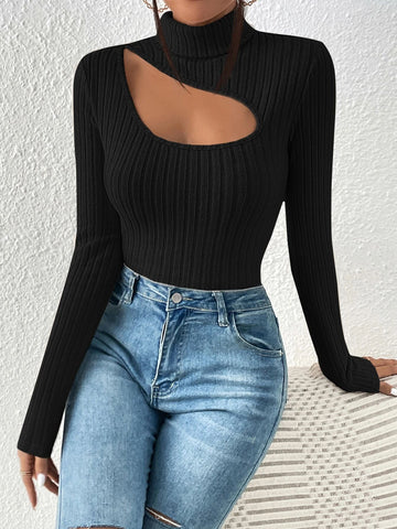 Ribbed Knit Cut Out Front Turtle Neck Tee Ribbed Knit Cut Out Front Turtle Neck Tee