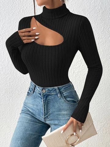 Ribbed Knit Cut Out Front Turtle Neck Tee Ribbed Knit Cut Out Front Turtle Neck Tee