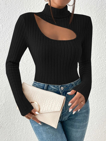 Ribbed Knit Cut Out Front Turtle Neck Tee Ribbed Knit Cut Out Front Turtle Neck Tee