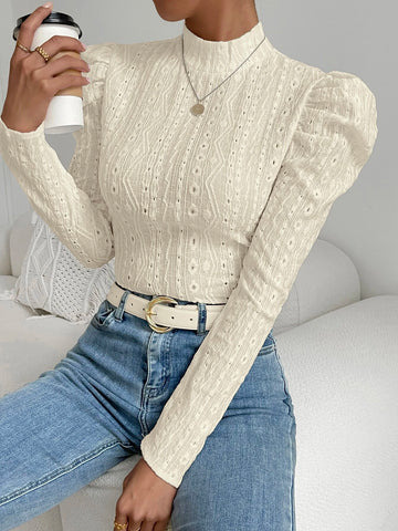 Felegant Mock Neck Gigot Sleeve Eyelet Embroidery Tee Felegant Mock Neck Gigot Sleeve Eyelet Embroidery Tee