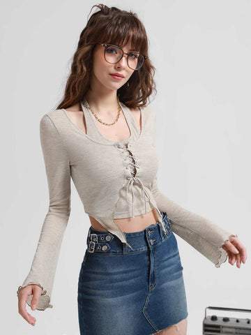 MOD Lettuce Trim Lace Up Front Asymmetrical Hem 2 In 1 Tee MOD Lettuce Trim Lace Up Front Asymmetrical Hem 2 In 1 Tee