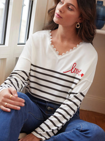 Striped & Letter Graphic Guipure Lace Trim Drop Shoulder Tee Striped & Letter Graphic Guipure Lace Trim Drop Shoulder Tee