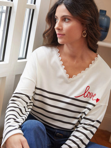Striped & Letter Graphic Guipure Lace Trim Drop Shoulder Tee Striped & Letter Graphic Guipure Lace Trim Drop Shoulder Tee
