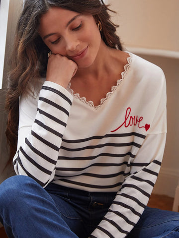 Striped & Letter Graphic Guipure Lace Trim Drop Shoulder Tee Striped & Letter Graphic Guipure Lace Trim Drop Shoulder Tee