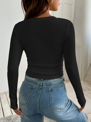 Solid Ruched Asymmetrical Hem Tee Solid Ruched Asymmetrical Hem Tee