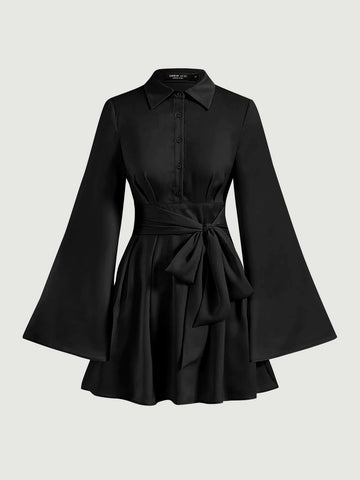 MOD Trumpet Sleeve Bow Front Ruffle Hem Shirt Dress MOD Trumpet Sleeve Bow Front Ruffle Hem Shirt Dress