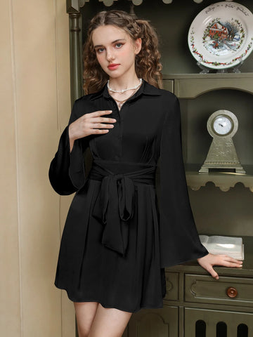 MOD Trumpet Sleeve Bow Front Ruffle Hem Shirt Dress MOD Trumpet Sleeve Bow Front Ruffle Hem Shirt Dress