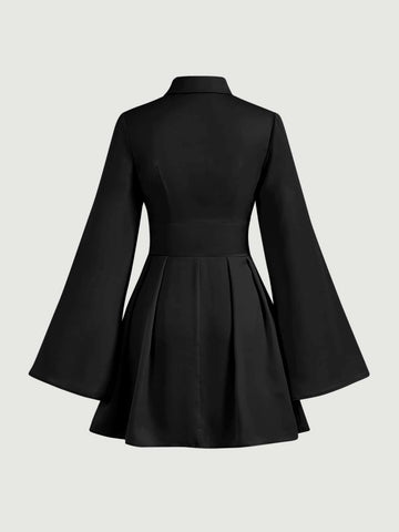 MOD Trumpet Sleeve Bow Front Ruffle Hem Shirt Dress MOD Trumpet Sleeve Bow Front Ruffle Hem Shirt Dress