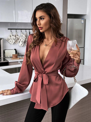 Solid Belted Asymmetrical Hem Blouse Solid Belted Asymmetrical Hem Blouse