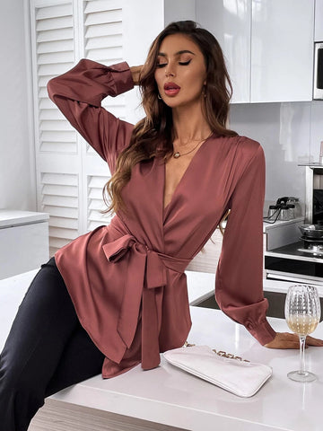 Solid Belted Asymmetrical Hem Blouse Solid Belted Asymmetrical Hem Blouse