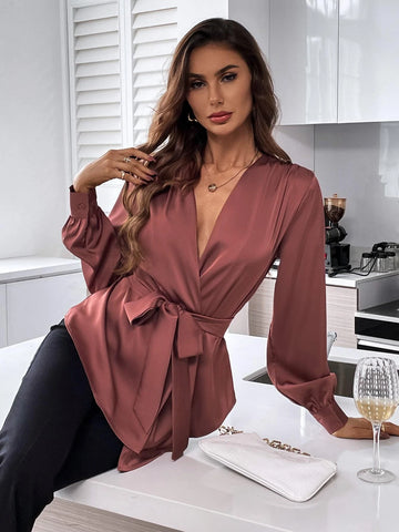 Solid Belted Asymmetrical Hem Blouse Solid Belted Asymmetrical Hem Blouse