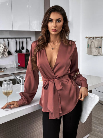 Solid Belted Asymmetrical Hem Blouse Solid Belted Asymmetrical Hem Blouse