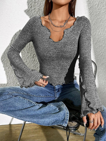 Notched Neck Lettuce Trim Trumpet Sleeve Tee Notched Neck Lettuce Trim Trumpet Sleeve Tee