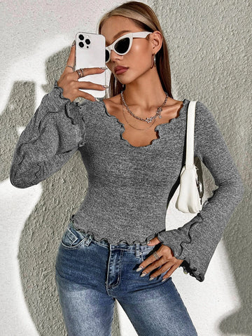 Notched Neck Lettuce Trim Trumpet Sleeve Tee Notched Neck Lettuce Trim Trumpet Sleeve Tee