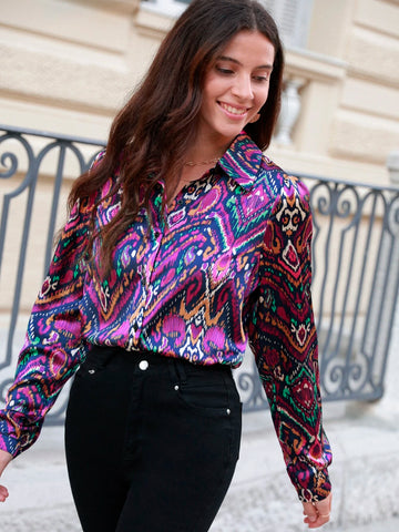 Frenchy Allover Print Button Front Satin Shirt Frenchy Allover Print Button Front Satin Shirt