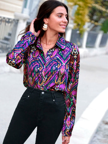 Frenchy Allover Print Button Front Satin Shirt Frenchy Allover Print Button Front Satin Shirt