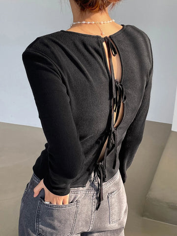 Dazy-Less Solid Tie Back Split Hem Tee Dazy-Less Solid Tie Back Split Hem Tee