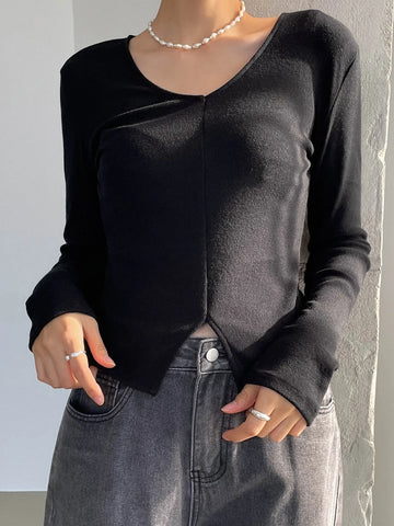 Dazy-Less Solid Tie Back Split Hem Tee Dazy-Less Solid Tie Back Split Hem Tee