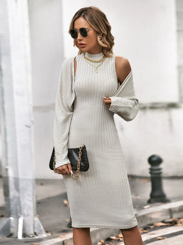 Mock Neck Ribbed Knit Bodycon Dress & Open Front Jacket Mock Neck Ribbed Knit Bodycon Dress & Open Front Jacket