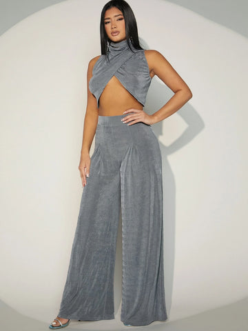 Mock Neck Wrap Cross Crop Tank Top & Wide Leg Pants Mock Neck Wrap Cross Crop Tank Top & Wide Leg Pants