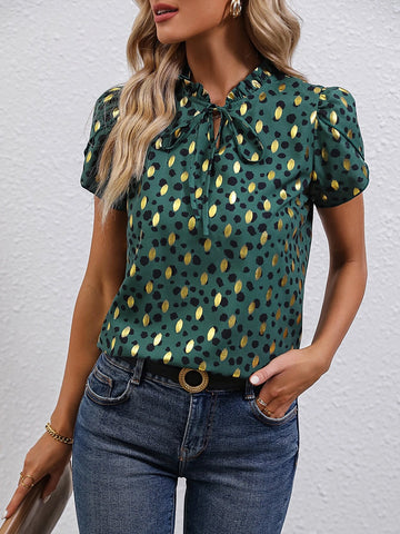 Gold Dot Print Tie Neck Puff Sleeve Blouse Gold Dot Print Tie Neck Puff Sleeve Blouse