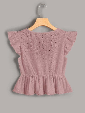 EZwear Butterfly Sleeve Drawstring Peplum Schiffy Blouse EZwear Butterfly Sleeve Drawstring Peplum Schiffy Blouse