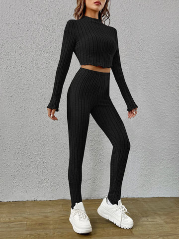 Mock Neck Lettuce Trim Crop Tee & Leggings Mock Neck Lettuce Trim Crop Tee & Leggings