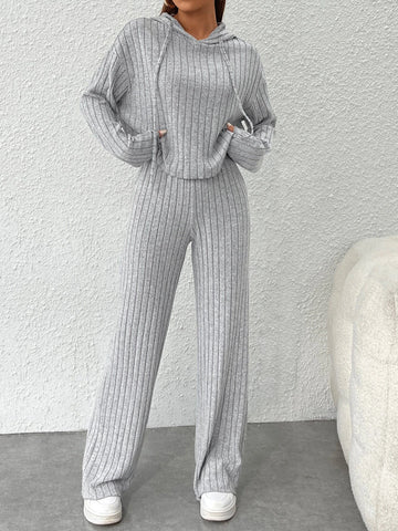 PETITE Ribbed Knit Drop Shoulder Drawstring Hoodie & Pants PETITE Ribbed Knit Drop Shoulder Drawstring Hoodie & Pants