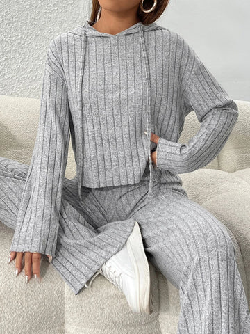 PETITE Ribbed Knit Drop Shoulder Drawstring Hoodie & Pants PETITE Ribbed Knit Drop Shoulder Drawstring Hoodie & Pants