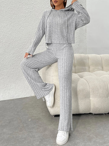PETITE Ribbed Knit Drop Shoulder Drawstring Hoodie & Pants PETITE Ribbed Knit Drop Shoulder Drawstring Hoodie & Pants