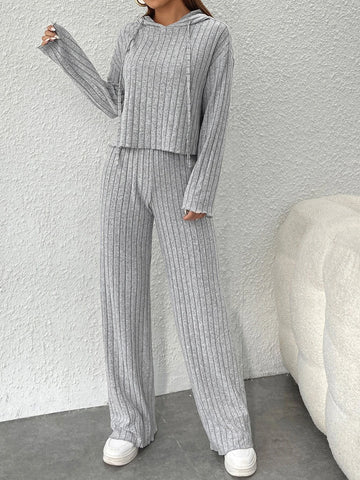 PETITE Ribbed Knit Drop Shoulder Drawstring Hoodie & Pants PETITE Ribbed Knit Drop Shoulder Drawstring Hoodie & Pants