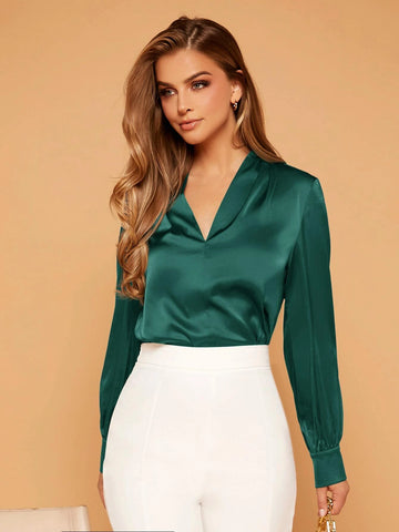 Felegant V-neck Lantern Sleeve Satin Blouse Felegant V-neck Lantern Sleeve Satin Blouse