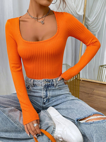 Scoop Neck Ribbed Knit Tee Scoop Neck Ribbed Knit Tee