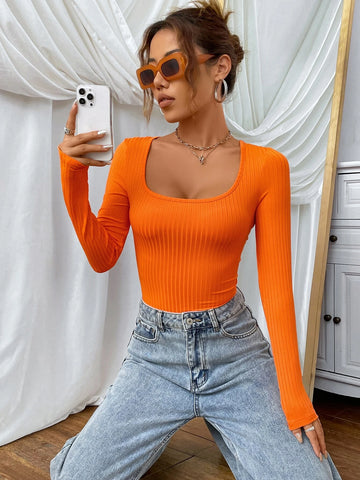 Scoop Neck Ribbed Knit Tee Scoop Neck Ribbed Knit Tee