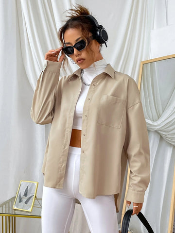 EZwear Solid Button Front Drop Shoulder Shirt EZwear Solid Button Front Drop Shoulder Shirt