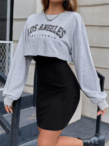 Letter Graphic Drop Shoulder Crop Sweatshirt & Bodycon Dress Letter Graphic Drop Shoulder Crop Sweatshirt & Bodycon Dress