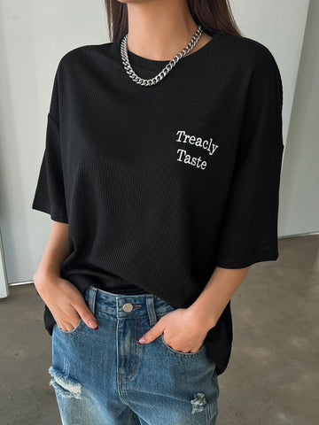 DAZY Embroidery Letter Graphic Drop Shoulder Tee DAZY Embroidery Letter Graphic Drop Shoulder Tee