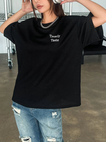 DAZY Embroidery Letter Graphic Drop Shoulder Tee DAZY Embroidery Letter Graphic Drop Shoulder Tee