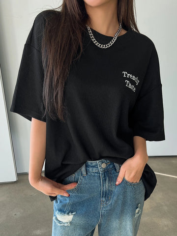 DAZY Embroidery Letter Graphic Drop Shoulder Tee DAZY Embroidery Letter Graphic Drop Shoulder Tee