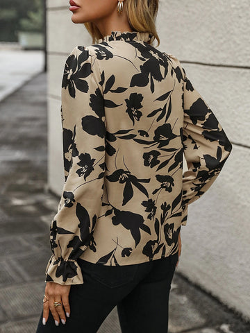 Floral Print Tie Neck Flounce Sleeve Frill Trim Blouse Floral Print Tie Neck Flounce Sleeve Frill Trim Blouse