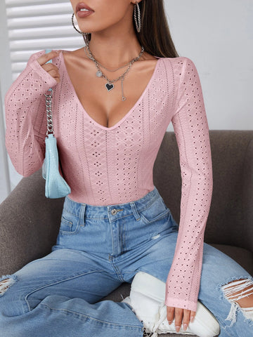 Deep V-neck Pointelle Knit Tee Deep V-neck Pointelle Knit Tee