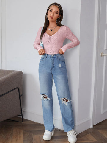 Deep V-neck Pointelle Knit Tee Deep V-neck Pointelle Knit Tee