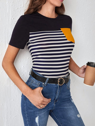 EMERY ROSE Striped Print Pocket Patched Tee EMERY ROSE Striped Print Pocket Patched Tee