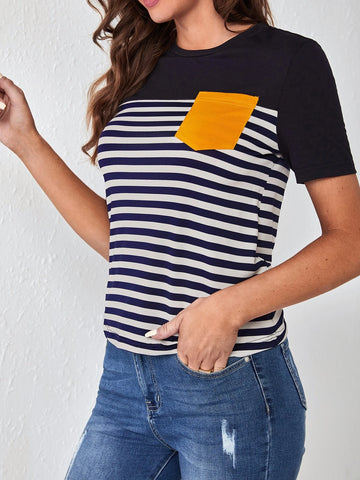 EMERY ROSE Striped Print Pocket Patched Tee EMERY ROSE Striped Print Pocket Patched Tee